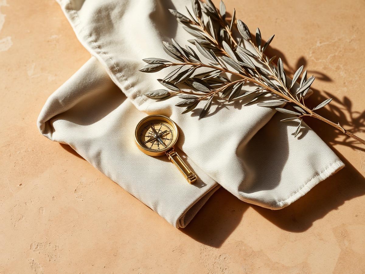 Linen, a brass compass and an olive branch on warm stone