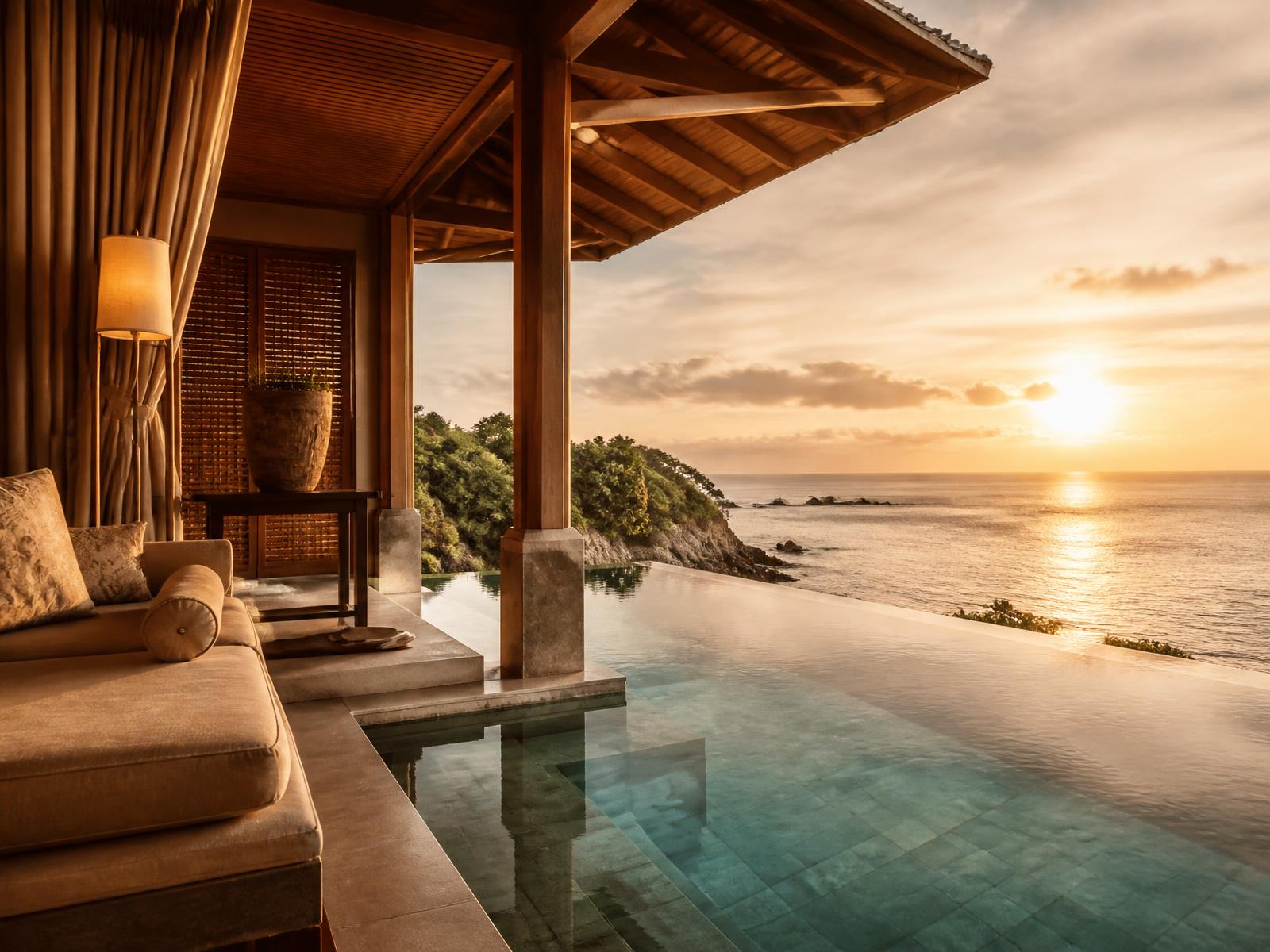 Private clifftop villa with an infinity pool overlooking the ocean at golden hour